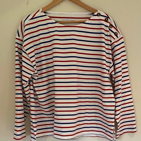 Vineyard Vines nautical French red blue stripe boatneck button shoulder tee Sz L - Picture 2 of 9